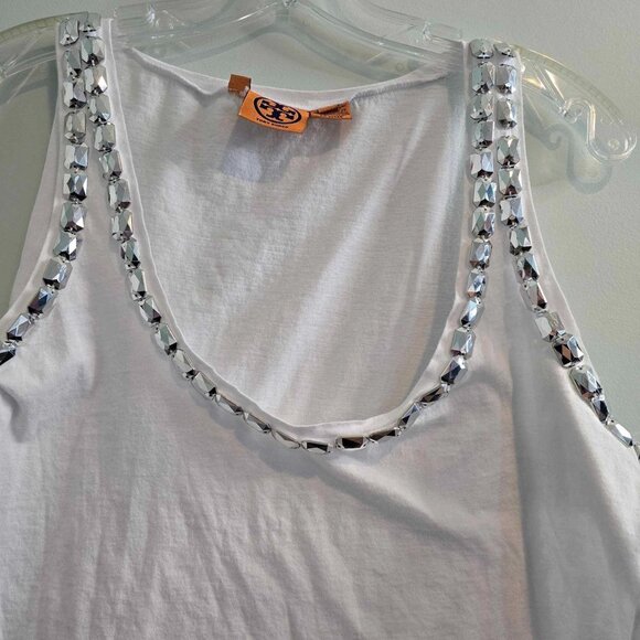 Tory Burch White Scoop Neck Tank Top with Embellished Silver Gems - Picture 5 of 10